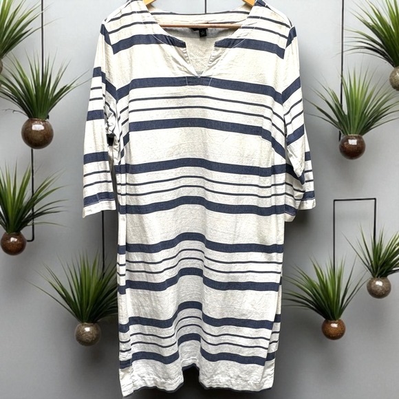Ellos Linen Blend Striped Tunic Dress V Neck 3/4 Sleeve - Picture 1 of 6